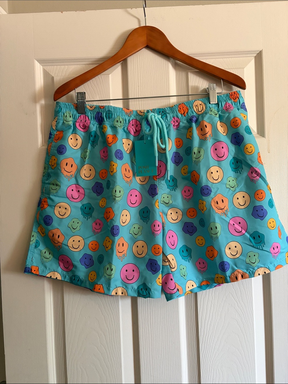 Posh Peanut Turquoise Swim Trunks with Multicolor Smiley Print